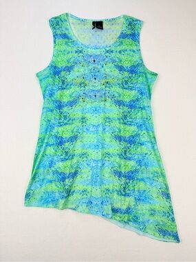 New Directions Blue Green Abstract Tunic Top Sleeveless Mesh Back Stretch Casual